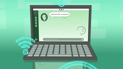 animación de chat artificial y procesamiento de datos en el portátil sobre fondo verde