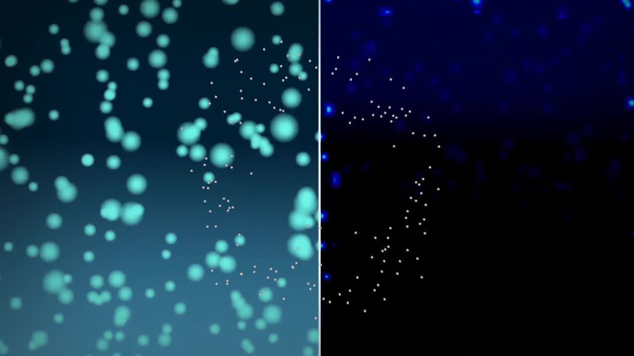 partículas flotantes y brillantes, animación sobre fondos azules y oscuros divididos