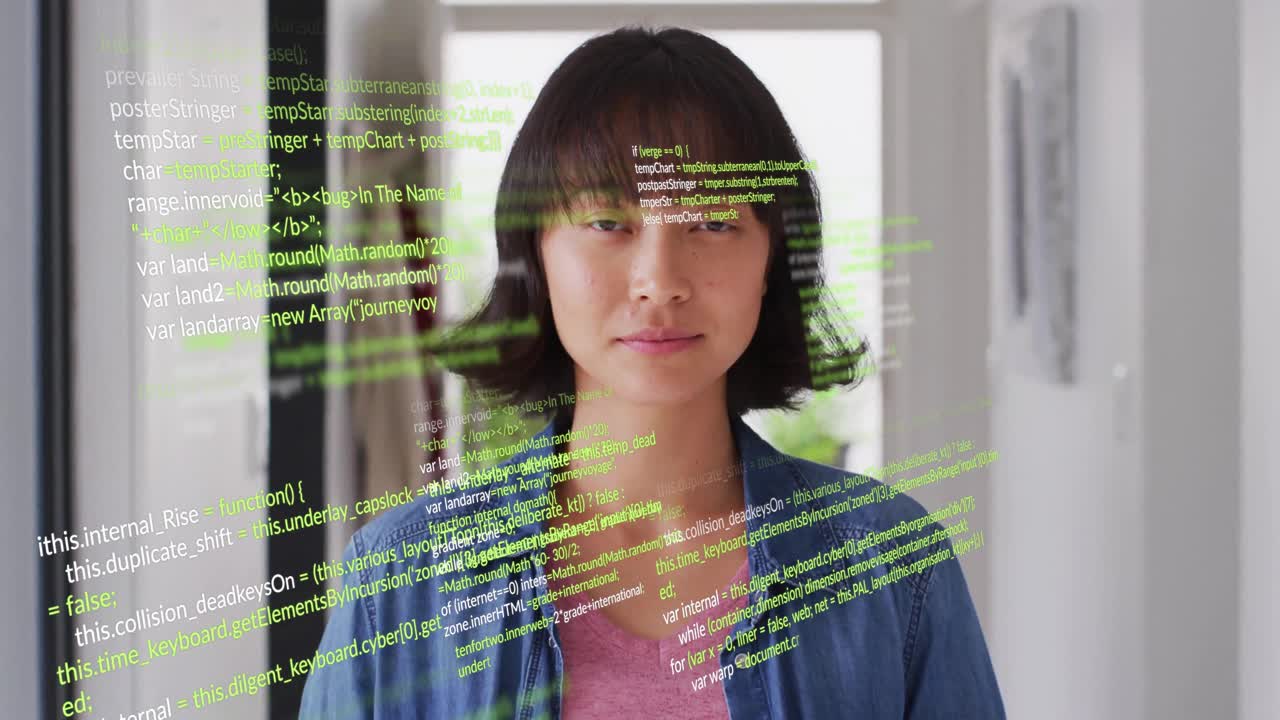 Animation of multicolored computer language over asian woman standing at home