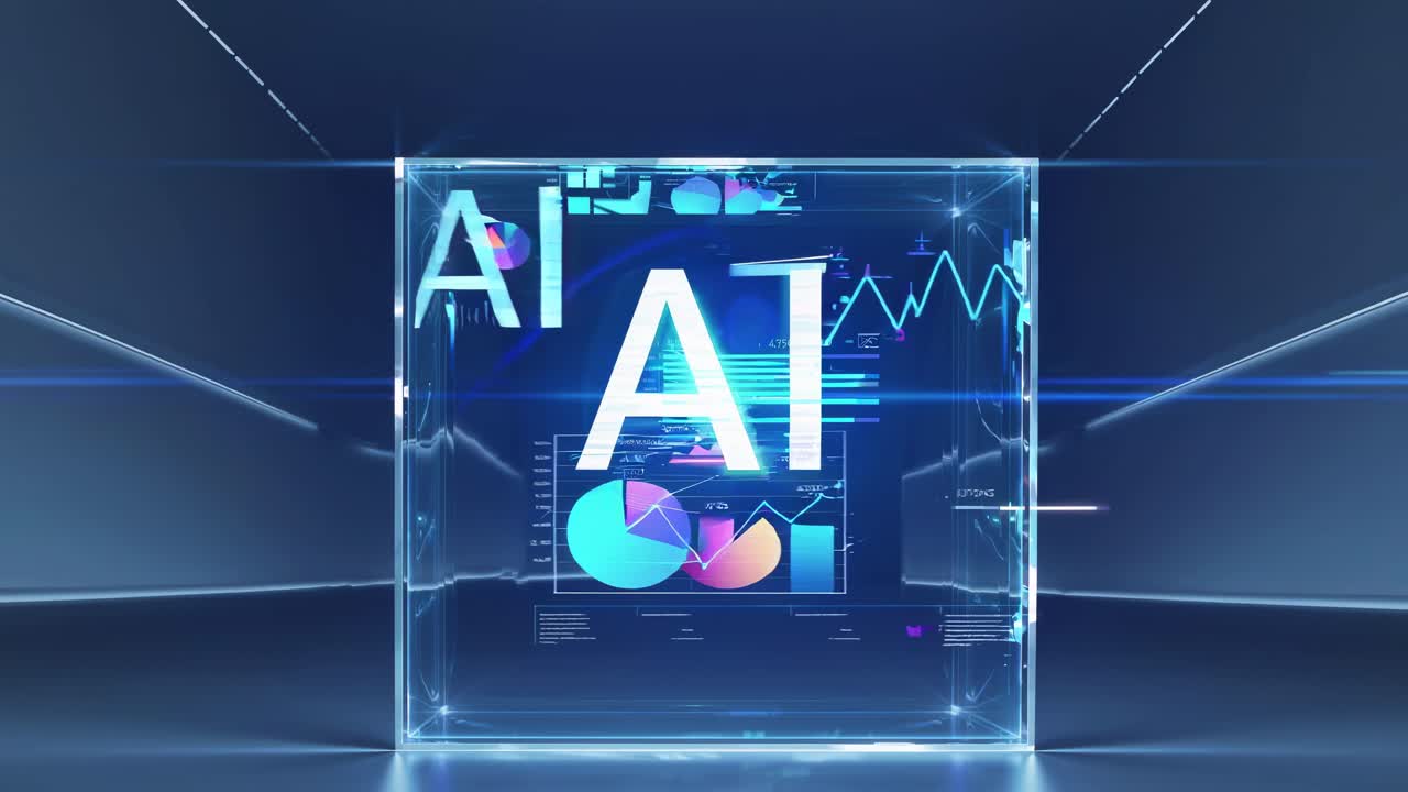 Futuristic video concept with a glowing 'AI' in a digital cube