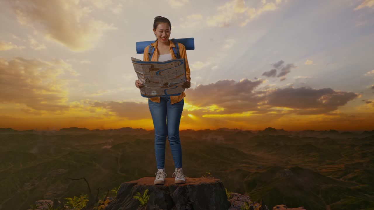 cuerpo lleno de excursionista femenina asiática con mochila de montañismo mirando el mapa y luego sonriendo a la cámara mientras está de pie en la cima de la montaña durante la hora del atardecer
