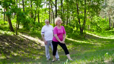 un anciano ayuda a su esposa a hacer ejercicio en el parque.