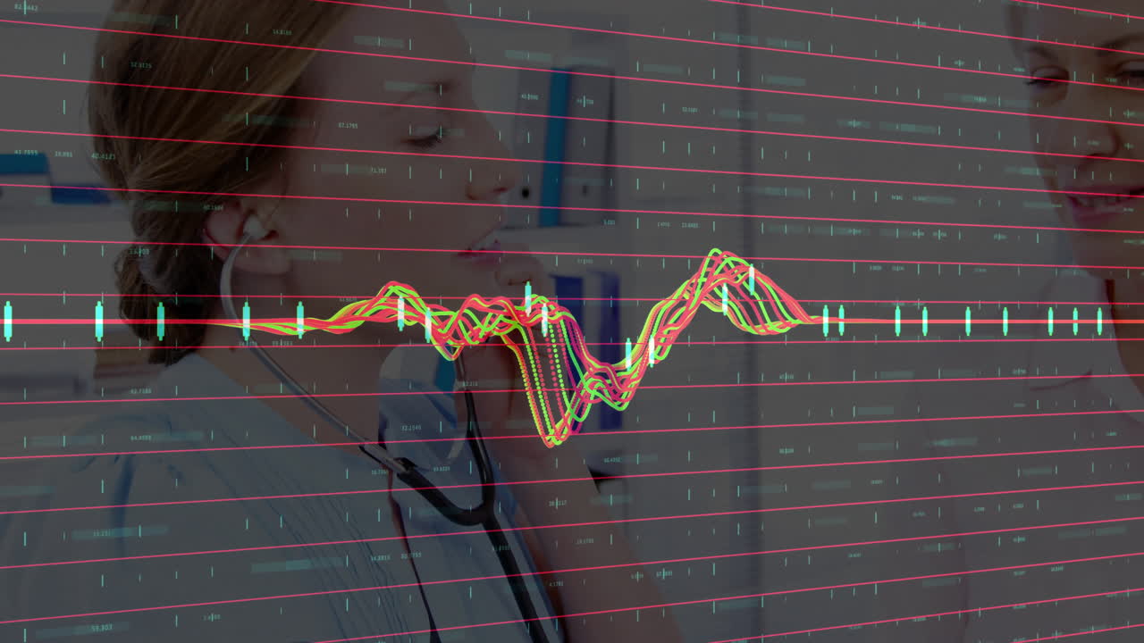 medical clinician placing stethoscope on patient in exam room, with overlaid ECG waveform graphics