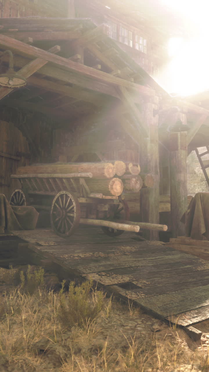 деревенская деревянная тележка с бревнами в старом амбаре