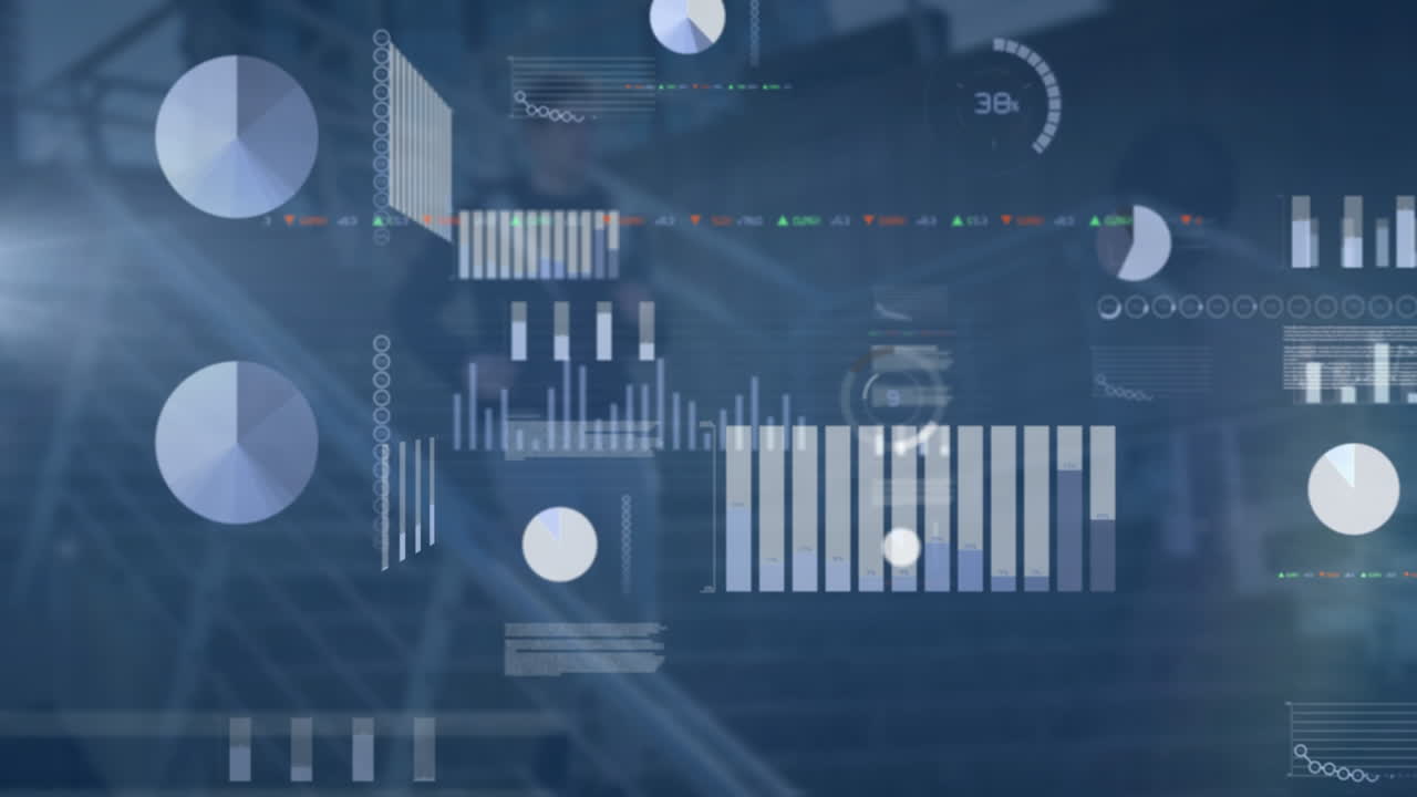 Animation of graphs, trading board, data and loading circles over caucasian man walking down steps