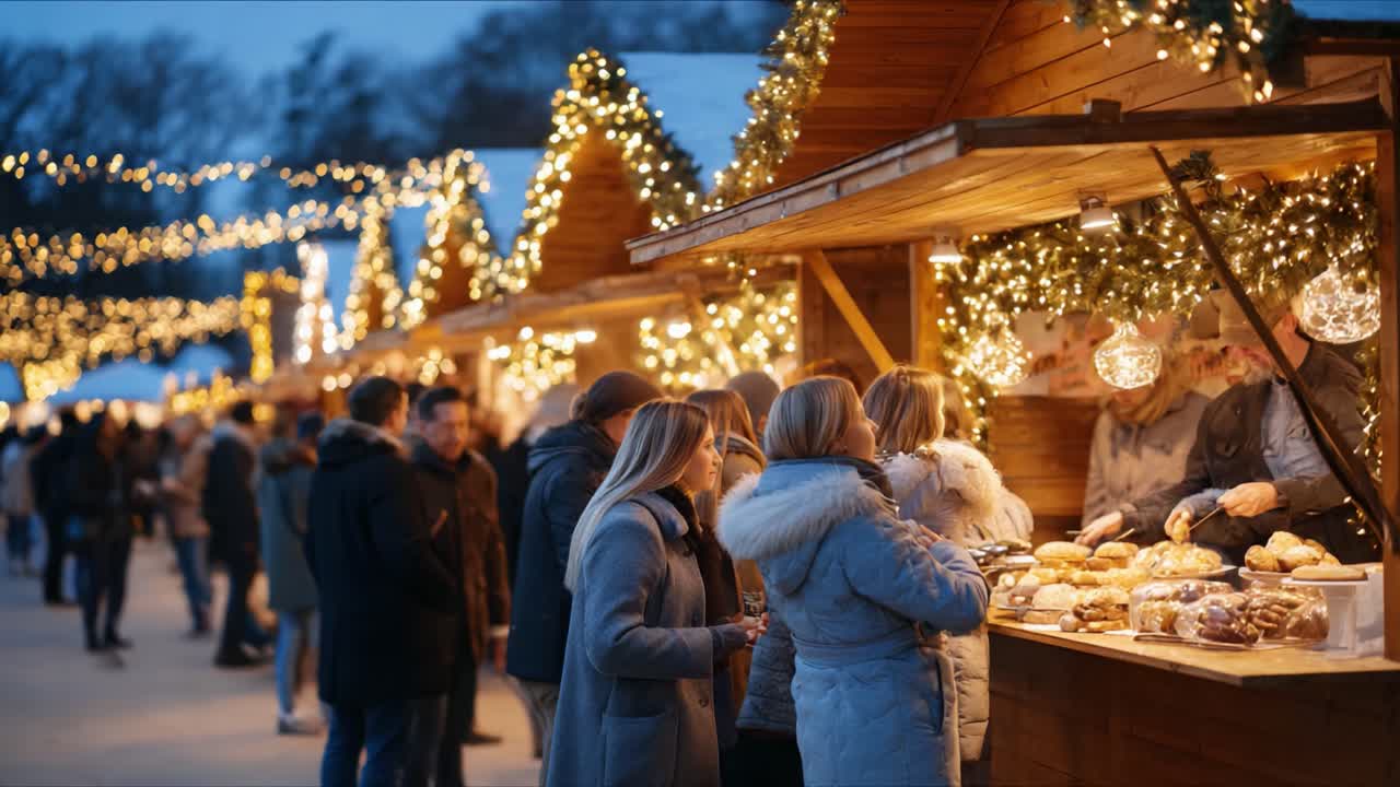 Förtrollende vintermarkedscene med blinkende julelys og herlige bakverk ved koselige boder, som skaper en festlig atmosfære for shoppere og matelskere