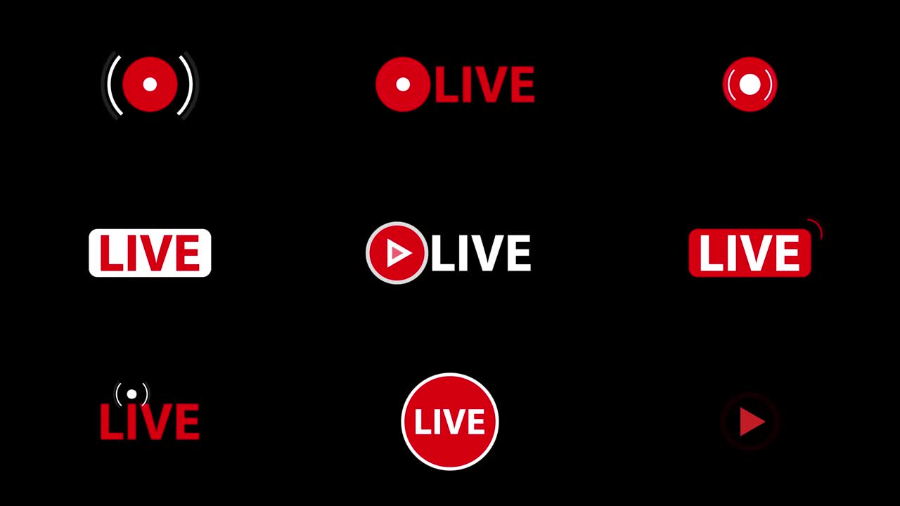 Animeret sæt af ikoner for live streaming udsendelse på gennemsigtig baggrund