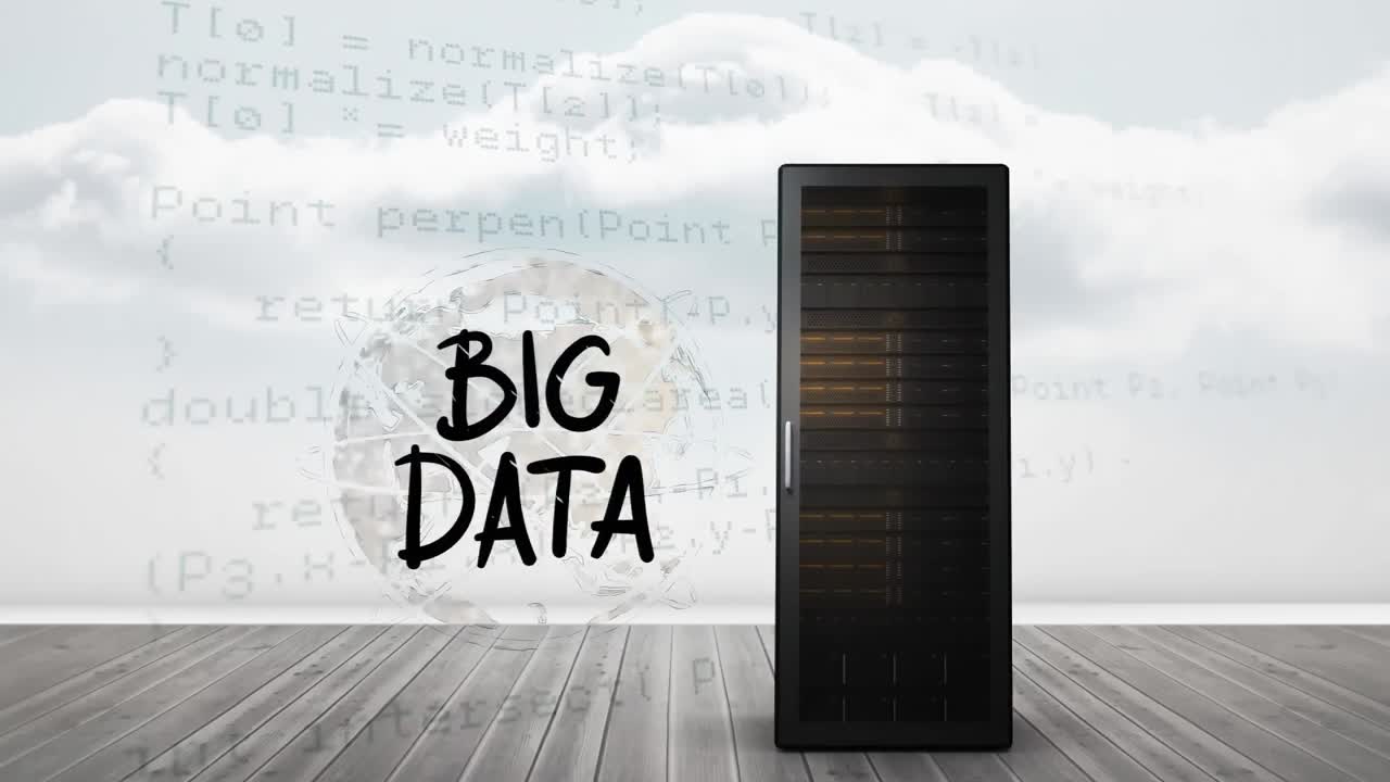 Animation of server with big data text and data processing over clouds