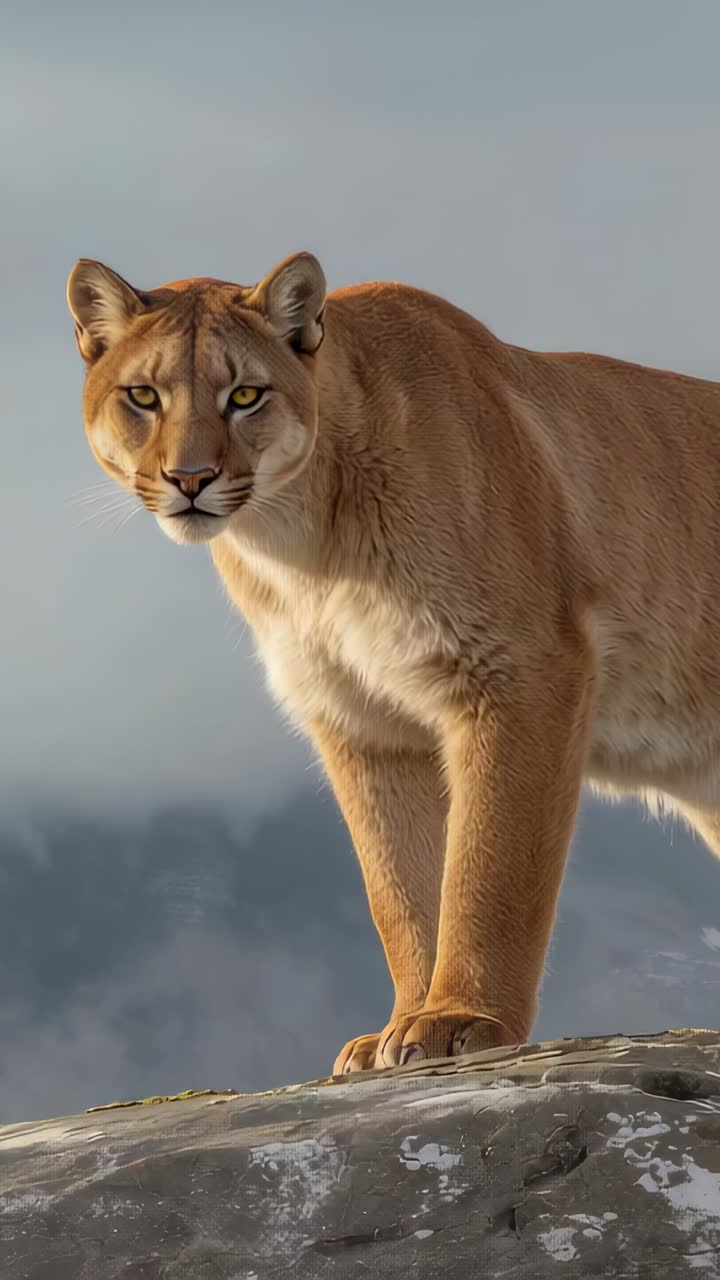 Vídeo vertical: al detectar un movimiento a la izquierda, un puma gira la cabeza y parpadea sobre un afloramiento rocoso, cordillera