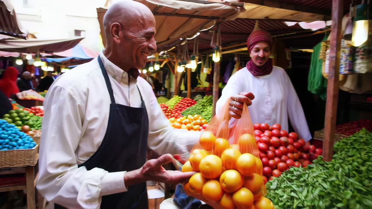 Busy Marrakech Street Market with Fruit and Vegetable Stalls