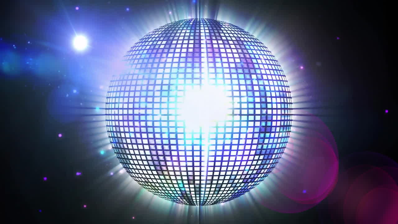 Disco ball being illuminated in dark club scene, with blue light beams and lens flares