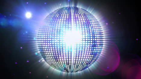 disco ball being illuminated in dark club scene, with blue light beams and lens flares