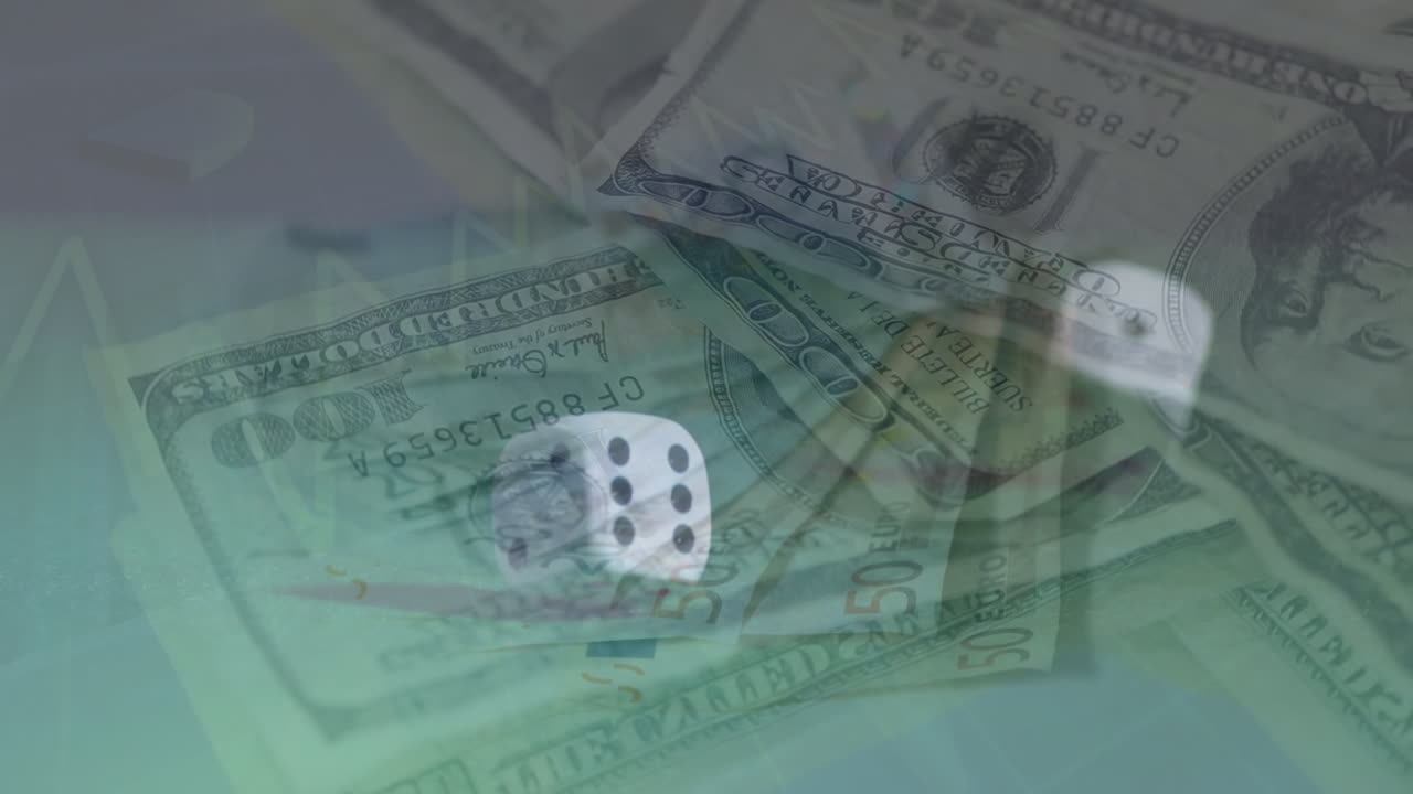 Animation du traitement de données sur des billets de banque et des dés