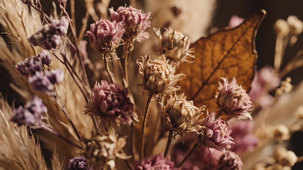 Suggestivo primo piano di fiori secchi ed erba della pampa