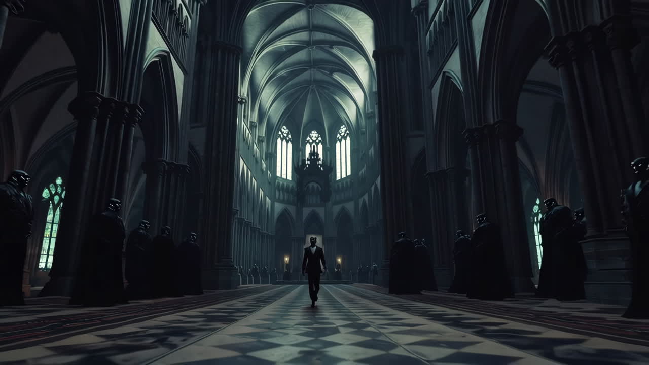 Man Walking Through a Dark Gothic Cathedral