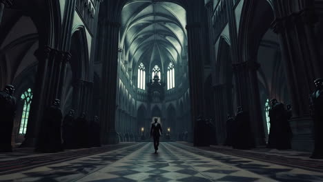 man walking through a dark gothic cathedral