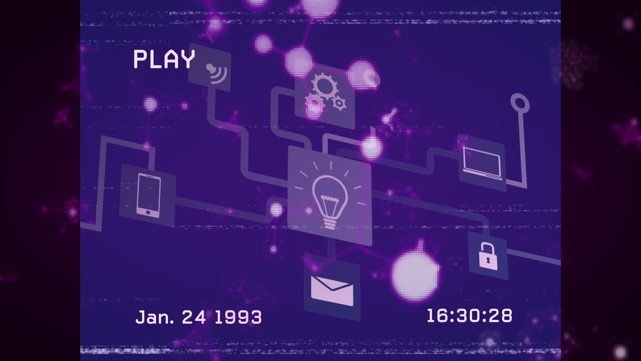 Digital connections and icons animation over purple background with retro overlay