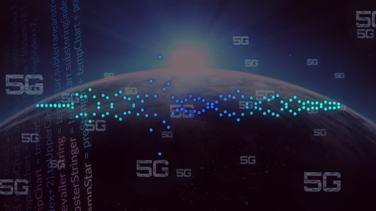 5G network coverage animation over Earth with digital data overlay