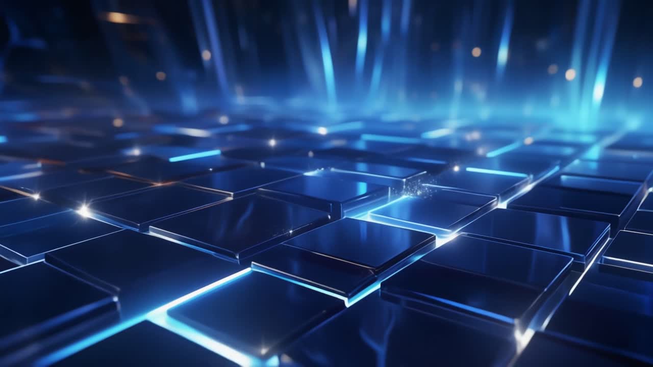Abstrakt digitalt rutenett med glødende blå lys og partikler