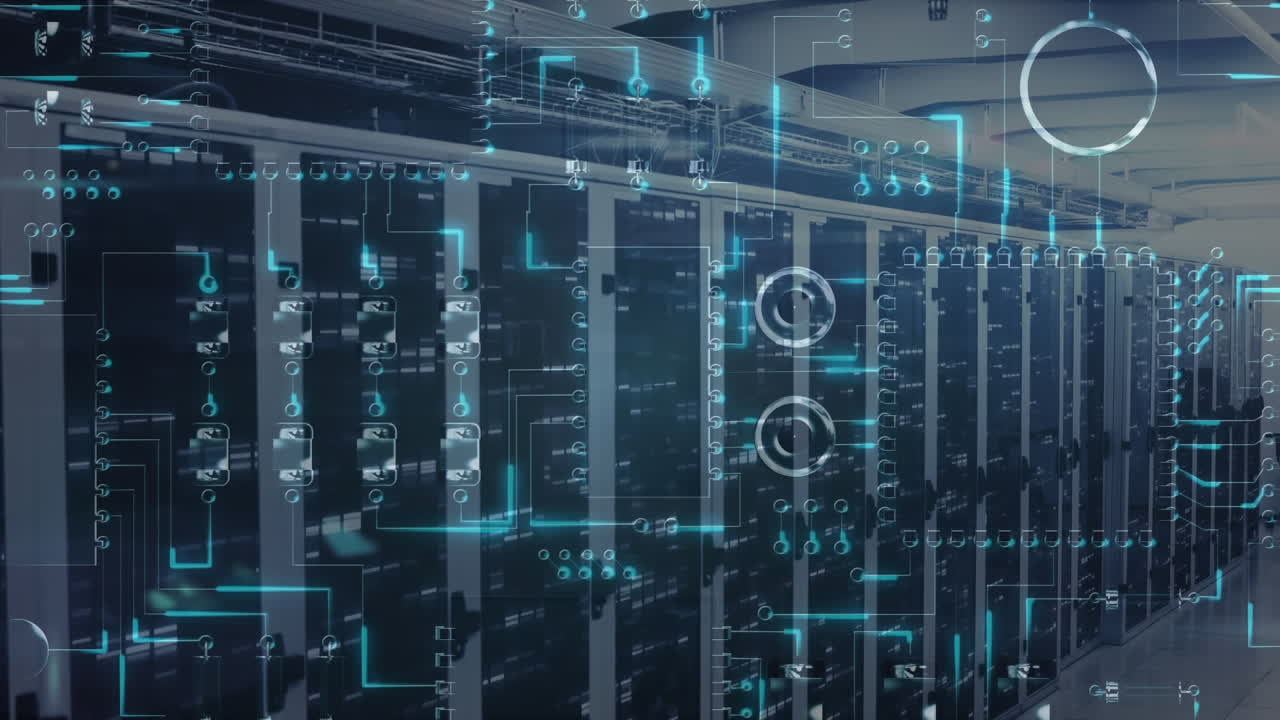 Digital animation showcases data flow in a server network, highlighting global internet services.