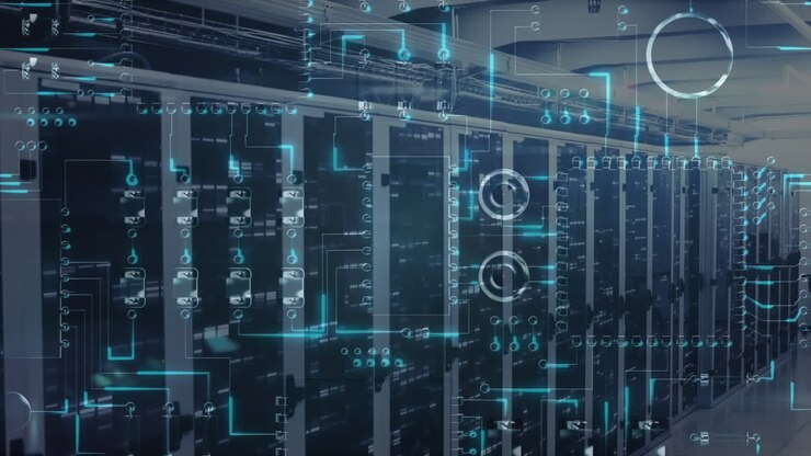 Digital animation showcases data flow in a server network, highlighting global internet services.
