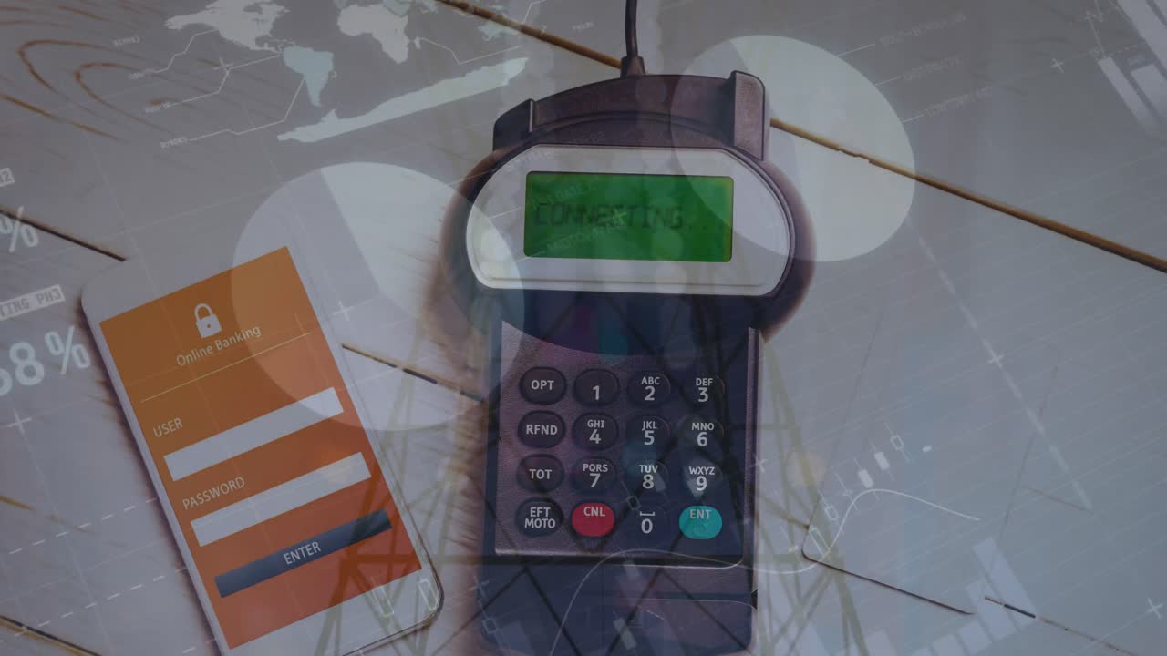 animación del procesamiento de datos financieros a través de teléfonos inteligentes y terminales de pago