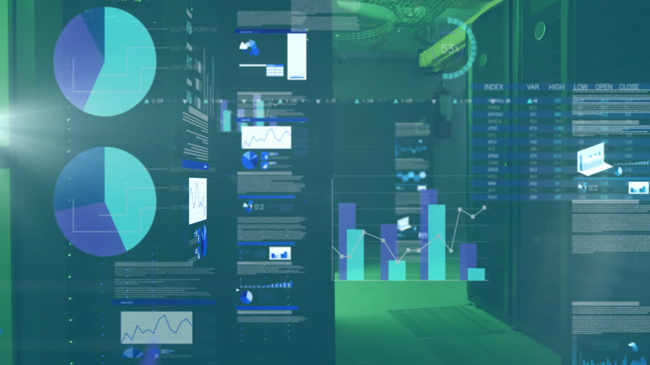 Animation of financial data processing over server room