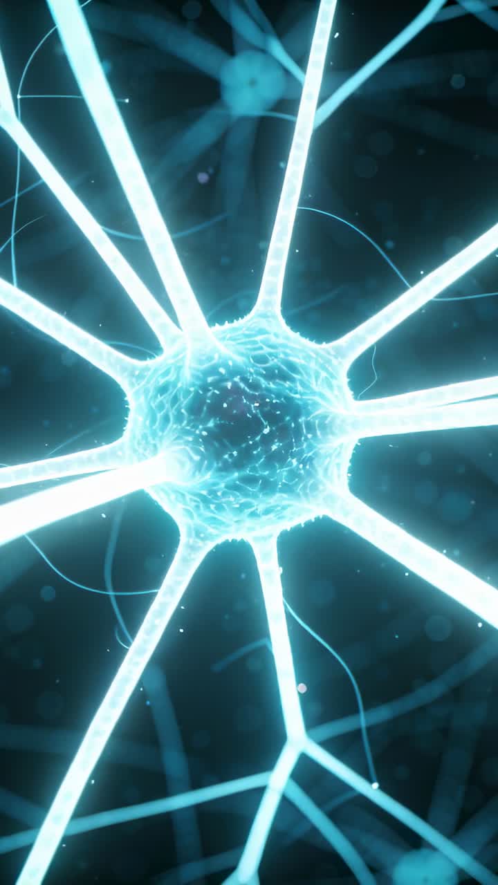 Vertical video: Pulsing neuron soma responding to magenta spark in neural network with neurites