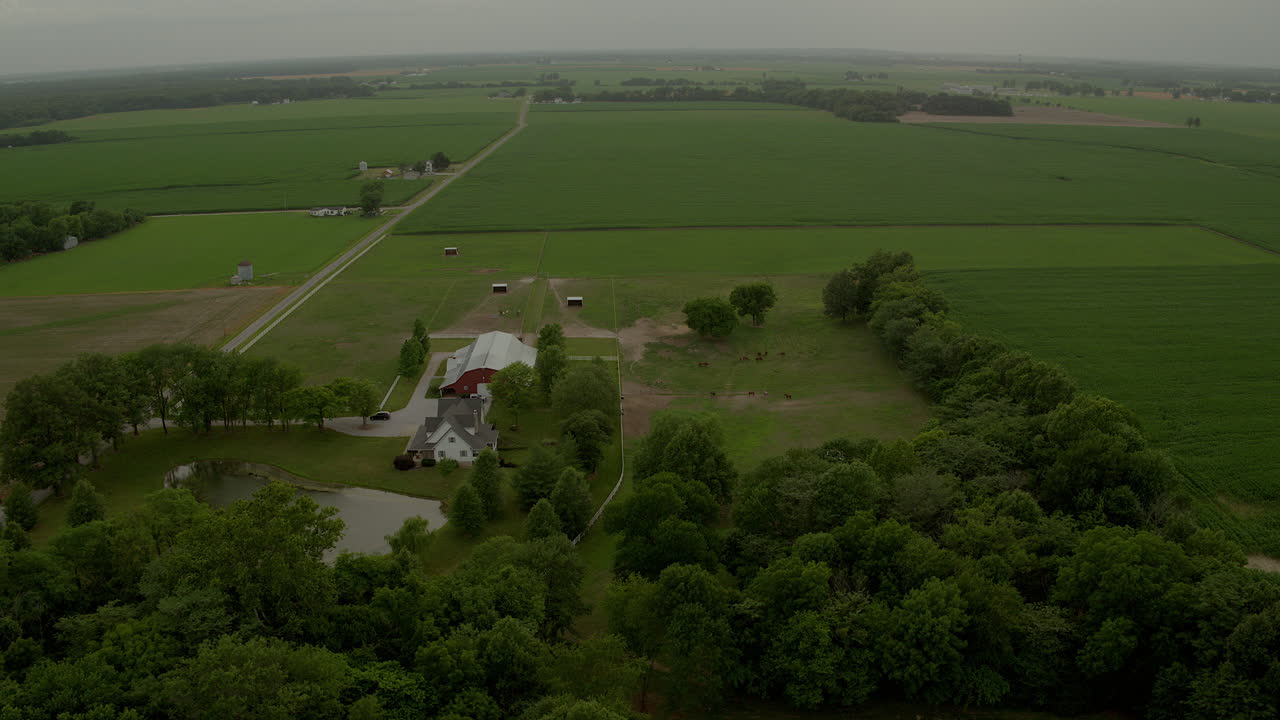 антенна с видом на сельскохозяйственные угодья с амбаром, фермой и лошадьми