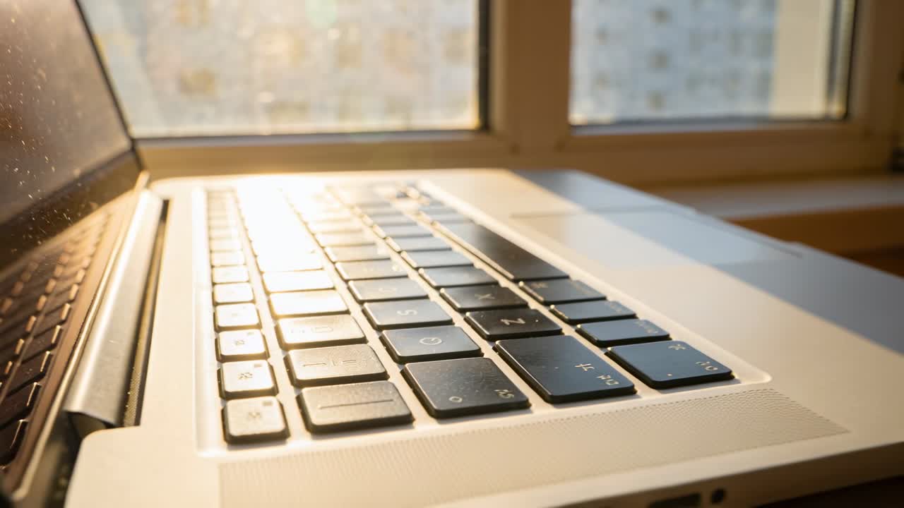 Camera pulling back revealing laptop near window for tech marketing, showing keyboard, ports, dust