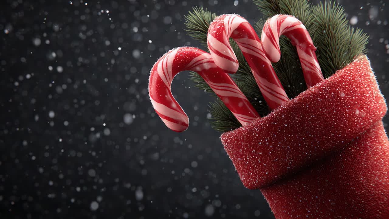 A Festive Display Featuring Candy Canes and Pine Branches, Captured in a Winter Wonderland with Sparkling Snow for a Joyous Holiday Vibe