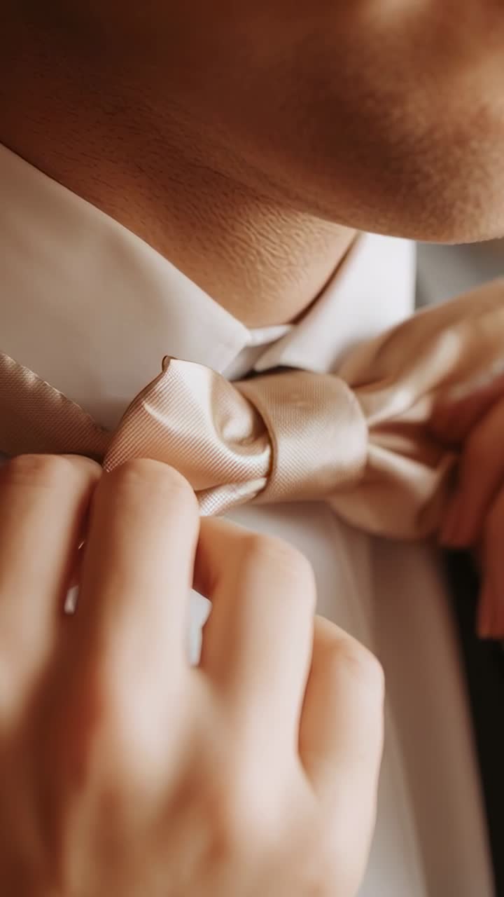Vertical video: Entering frame, helper hands fixing bow tie on groom backstage wearing white shirt