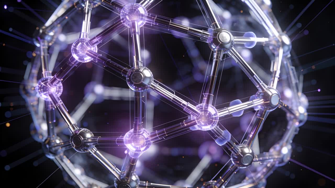 Orbiting camera bringing spherical metallic lattice closer in dark void, with glowing purple nodes