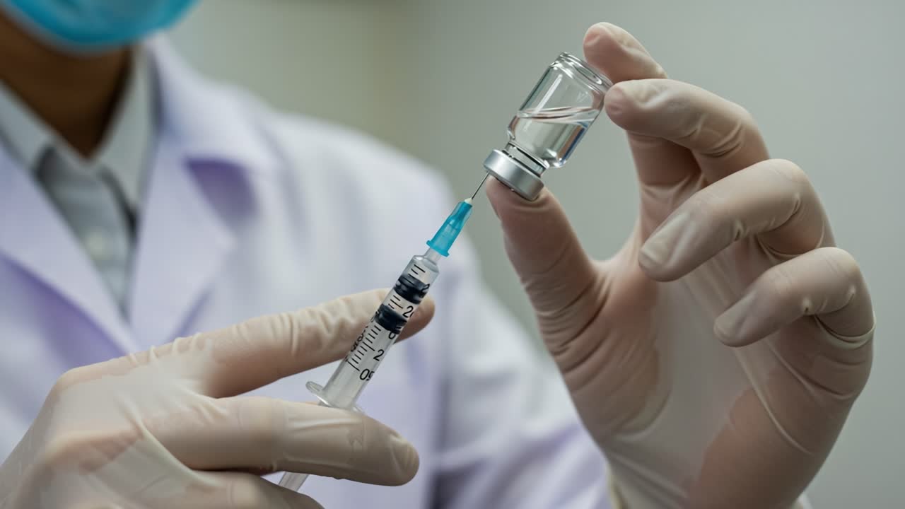 A healthcare professional prepares an injection by extracting liquid from a vial into a syringe, highlighting the importance of vaccinations and medical procedures in public health