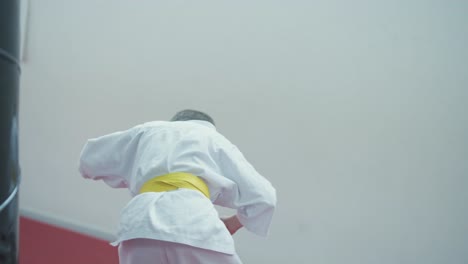 young martial artists in white gi and yellow belts practicing kudo techniques with focus and determination