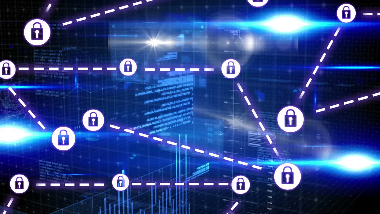 Animation of network of connections with padlock security icons over binary coding
