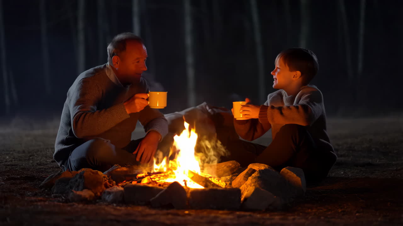Father and Son by Campfire at Night