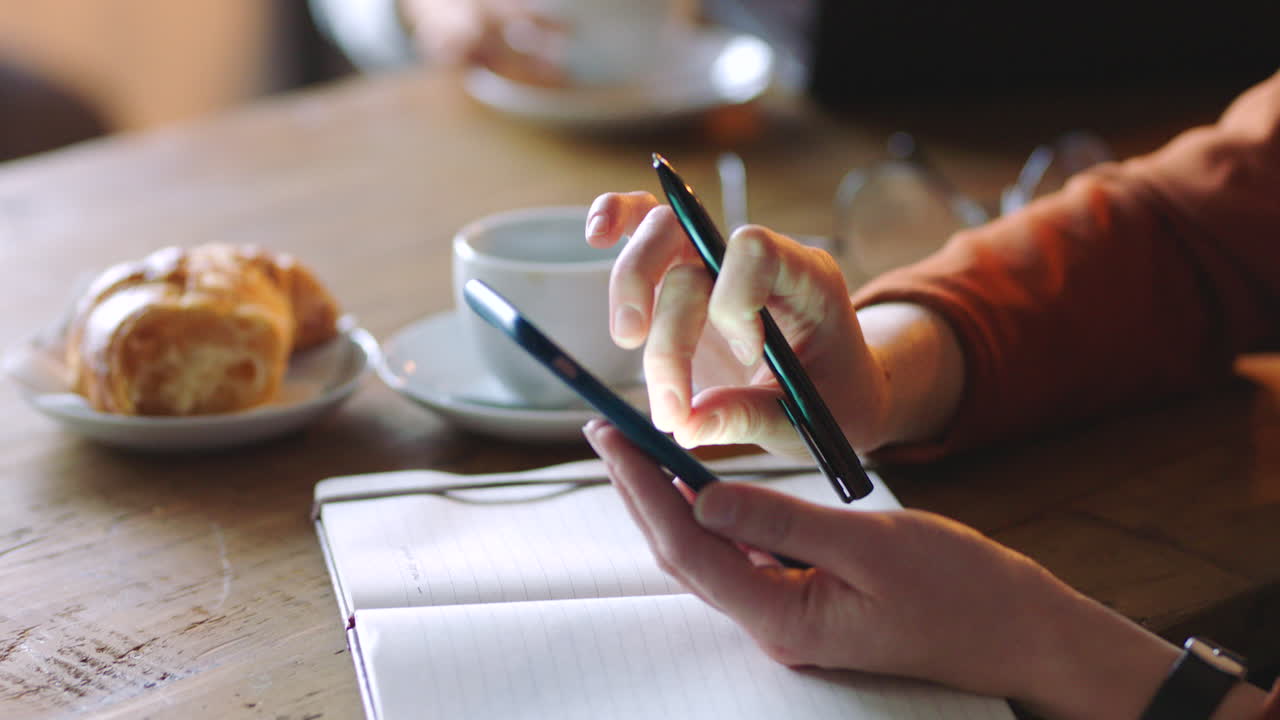 Coffee shop, smartphone and hands with notebook