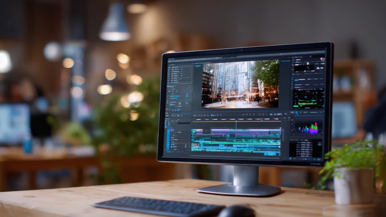 Configurazione professionale per l’editing video con monitor che mostra una timeline dinamica ed effetti visivi in un'area di lavoro creativa