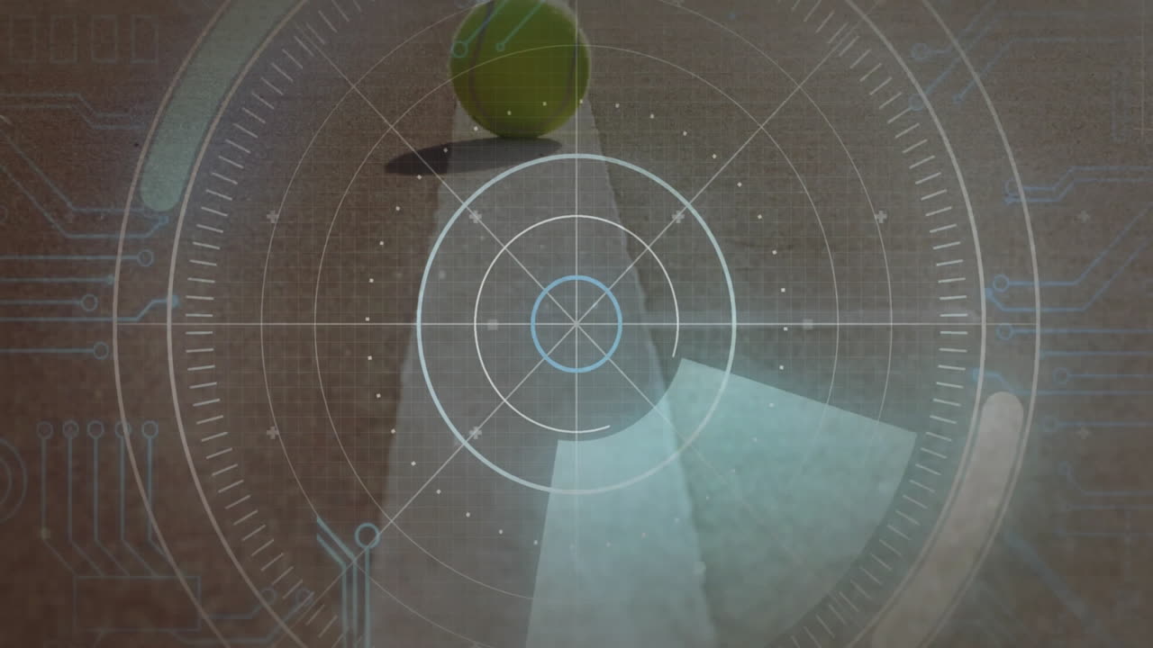 Tennis ball being visualized on split court surface, with HUD overlays and flat design grid lines