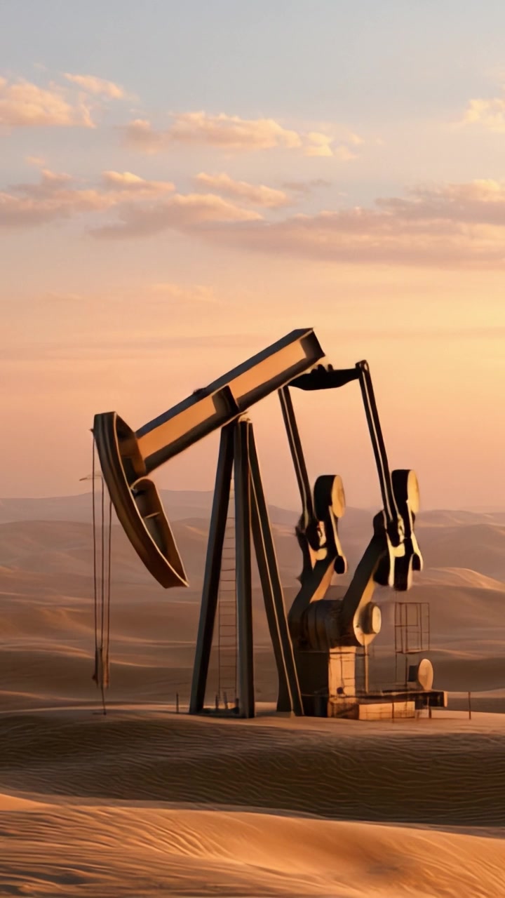 A Powerful Oil Pump Jack at Sunset in Expansive Desert Landscape, Capturing the Essence of Energy Production and Natural Resources in Beautiful Light