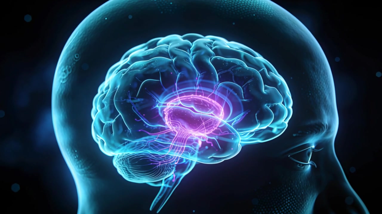 Animating translucent head showing magenta core intensifying, causing cyan neural pulses in void
