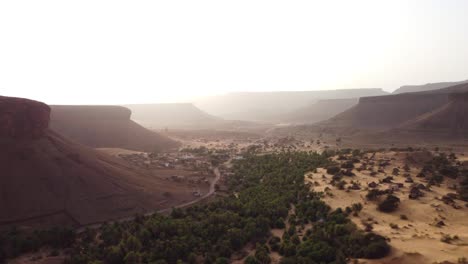 Desert-palms-valley-at-sunset-in-Terjit,-Mauritania