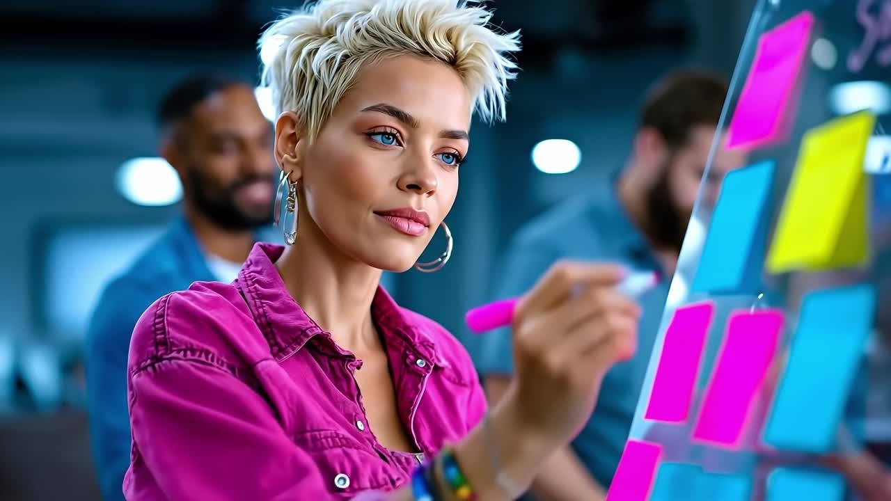 A woman writing on a whiteboard with sticky notes on it