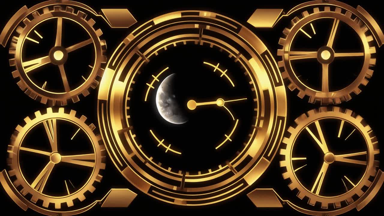 Abstract Golden Clock Mechanism with Rotating Gears and Moon