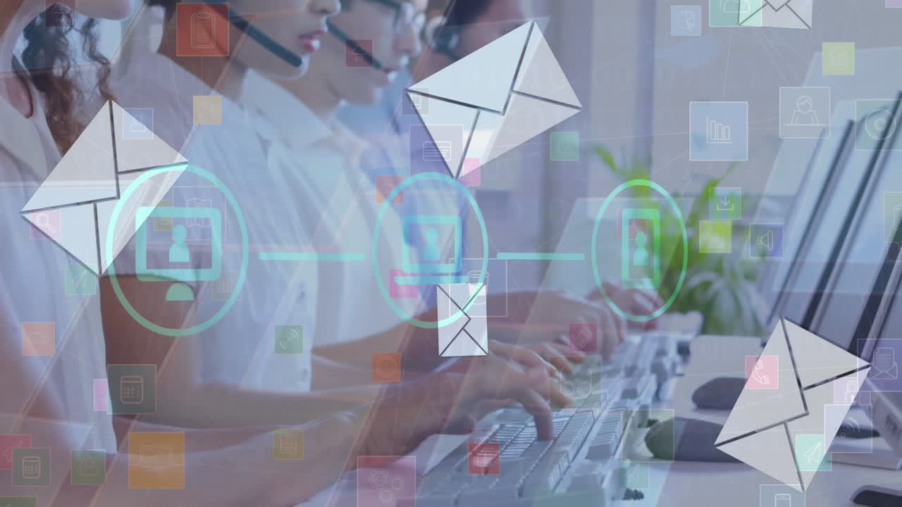 Animazione di una rete di connessioni e icone su persone che indossano cuffie telefoniche.