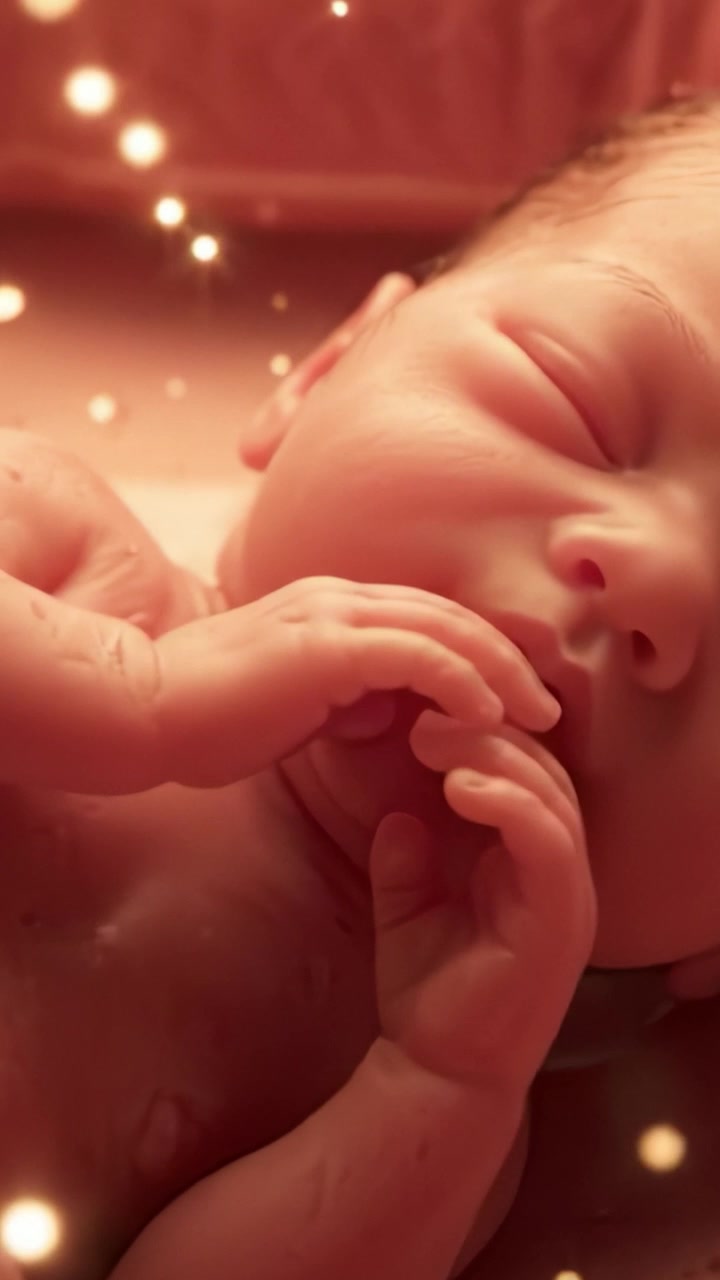 Um Momento Sereno Capturado: O Sono Inocente de um Bebê Recém-Nascido Cercado por uma Luz Suave e Abençoada e Brilhos Mágicos