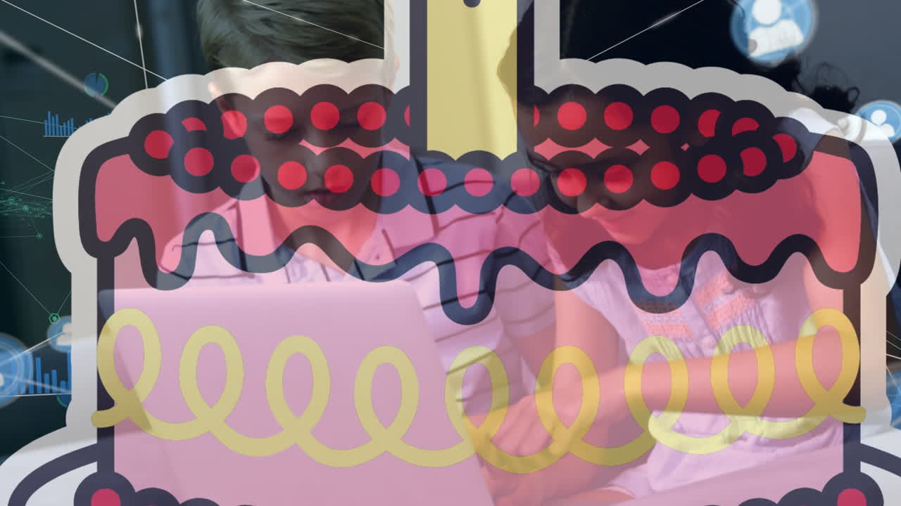 생일 케이크 아이콘의 애니메이션과 노트북을 사용하는 다양한 어린이에 대한 연결 네트워크