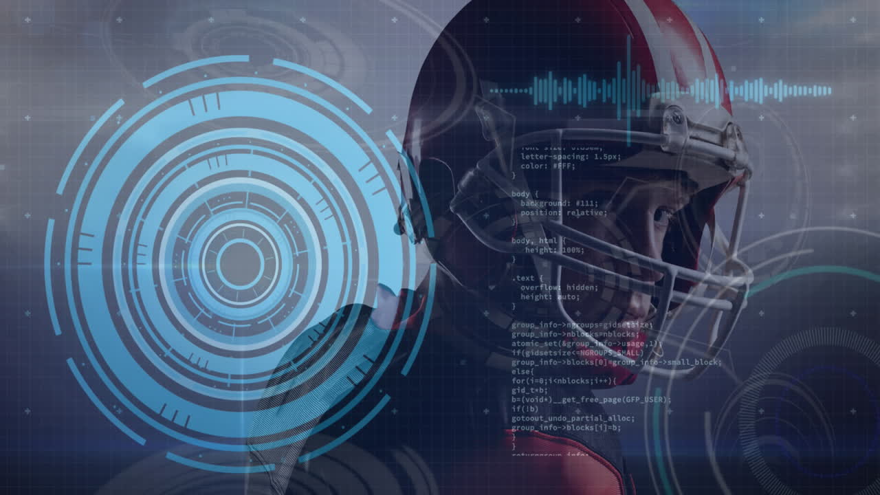 animación del procesamiento de datos sobre un jugador de fútbol americano con pelota