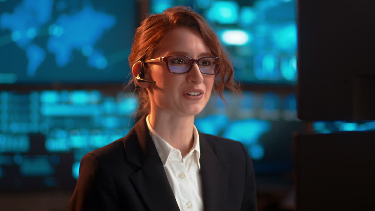 Static shot of a businesswoman at work talking through her bluetooth headset, in a customer service-type industry, excited for closing a business deal